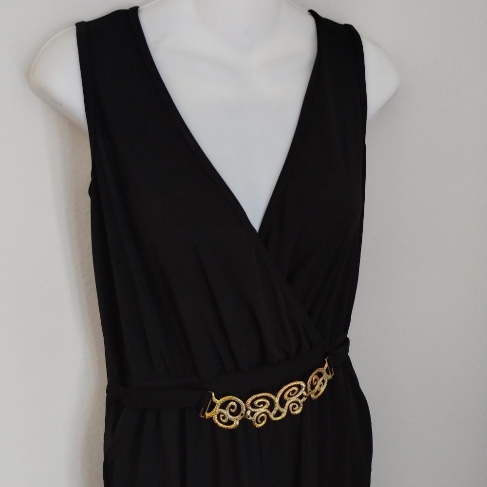 Women’s Black Wide Leg Jumpsuit Gold Detail V-Neck Medium - Picture 6 of 11